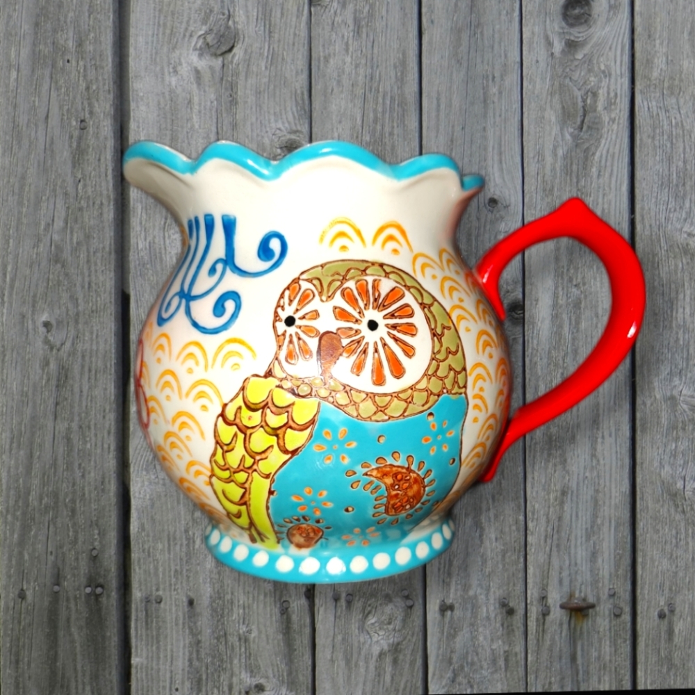 Anthropologie NEW Dutch Wax by Coastline Imports Handpainted Ceramic Owl Creamer